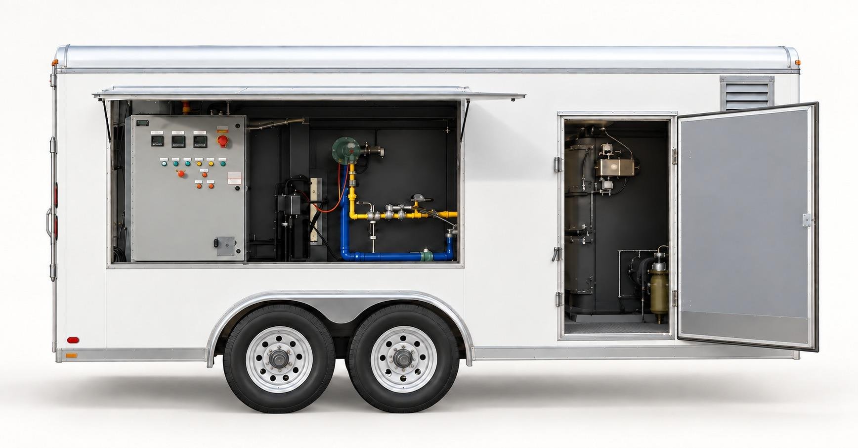 eMACS mobile destruction trailer with side panels open, showing the control cabinet and combustion chamber