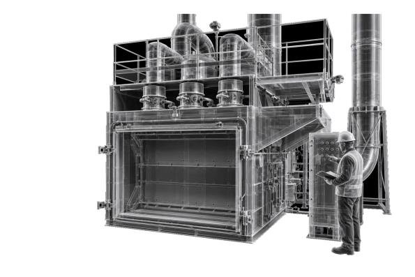 X-ray style drawing of a fixed destruction facility with an operator